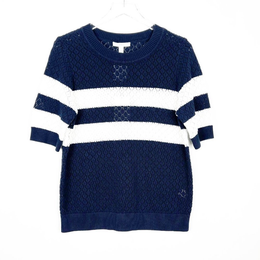 NWT 1901 Sweater Womens L Navy Blue White Short Sleeve Knit Pima Cotton Blend